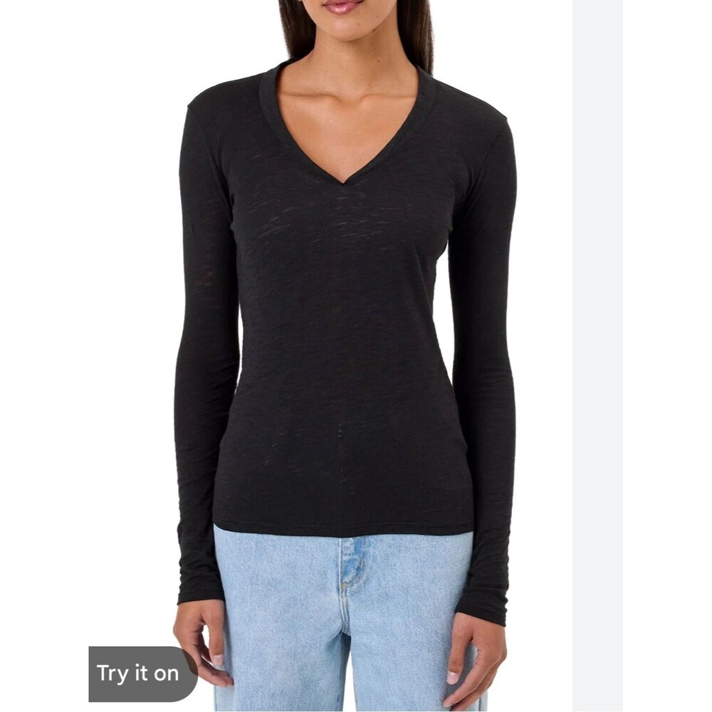 Goldie signature slub Black V-Neck Long Sleeve 100% Pima cotton tee, medium